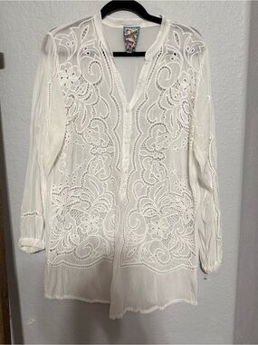 Johnny Was White Silk Tunic Blouse